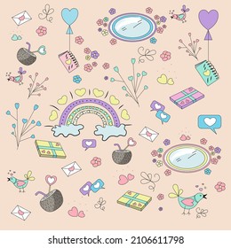 Set of Valentine's day on a colored background. Vector, graphics