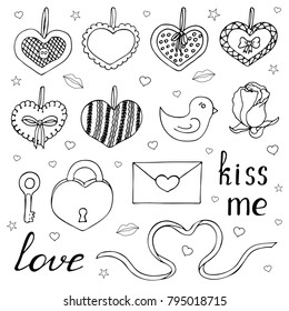 Set for Valentine's Day outline. Heart made of cloth, ribbon in the shape of heart, bird, lock and key, letter, rose, lettering love and kiss me. Hand drawing. Vector illustration.