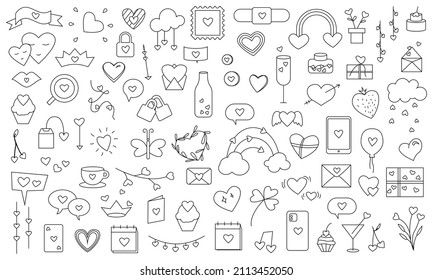 Set of Valentine's Day outline vector illustrations black and white hand drawn love hearts and celebrations decorations