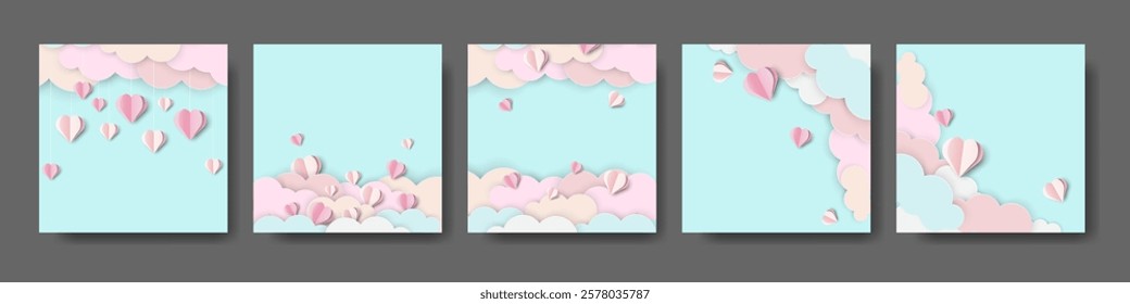 Set of Valentine's Day Paper Cut Templates with 3d Hearts and Clouds. Cute Universal Background Perfect for Wedding Invitations, Girly Birthday, Mothers and Womens Day, Menu, Greeting Card, Banner.