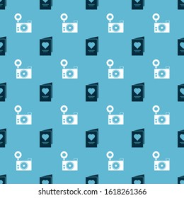 Set Valentines day party flyer with heart and Photo camera on seamless pattern. Vector