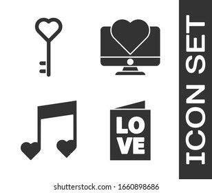 Set Valentines day party flyer, Key in heart shape, Music note, tone with hearts and Computer monitor with heart icon. Vector