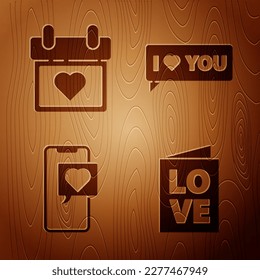Set Valentines day party flyer, Calendar with heart, Smartphone with heart speech bubble and Speech bubble with I love you on wooden background. Vector
