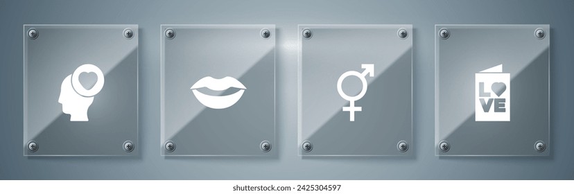 Conjunto de volante de fiesta de San Valentín, género, labios sonrientes y cabeza con corazón. Paneles de vidrio cuadrado. Vector