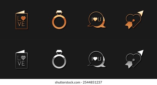 Conjunto de folleto de fiesta de San Valentín, anillos de boda, texto de la burbuja de discurso Te amo y Amour con el icono del corazón y la flecha. Vector