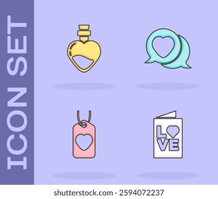 Set Valentines day party flyer, Bottle with love potion, Heart tag and speech bubble icon. Vector
