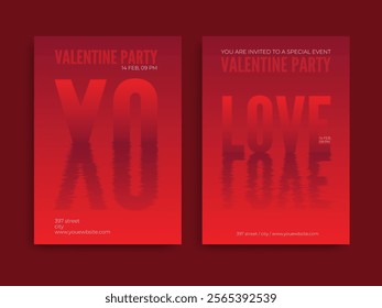 Set of Valentine's Day party flyers. Text message with reflection on water surface on red gradient background.