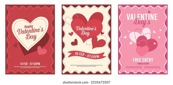 Conjunto de diseño de póster de fiesta de San Valentín. Plantilla de invitación, volante, póster o tarjeta de felicitación. Ilustración vectorial diversión, elemento, decoración, decorativo, editable, tipografía, club, barra, marco	
