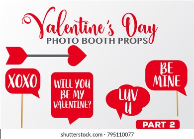 Set of Valentine's Day photobooth Props vector elements. Red color Cupid Arrow and signs Xo Xo, Will you be my valentine, Luv u, Be mine on sticks. Part 2.