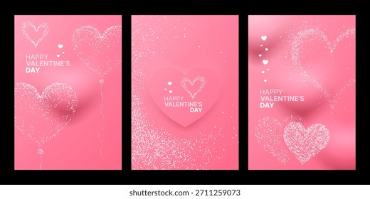 Conjunto de fondos rosados de San Valentín con Formas de corazón hechas de partículas brillantes y saludos de vacaciones. Diseño festivo para la Plantilla o tarjeta de felicitación de la publicación de redes sociales.