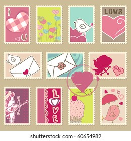 set of valentine`s day postage stamps