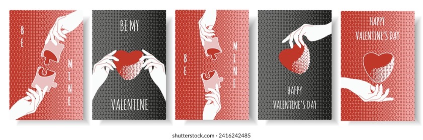 Set Valentines Day postcard design in trendy Groovy Pixel retro style. Valentine card template with puzzle red Heart in hand. Vector illustration can used web and social banner, poster and print