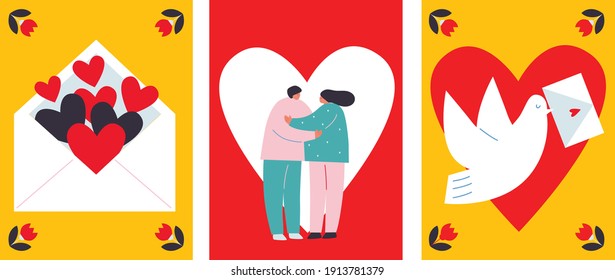 Set Valentines Day postcard flat cartoon vector. Love, heart, pigeon, letter, couple in love abstract illustration. 