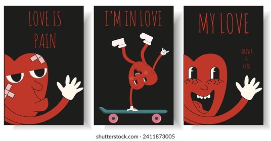 Coloca la postal del Día de San Valentín con el Corazón Rojo Groovy. Diseño de tarjetas de San Valentín al estilo. Ilustración vectorial para la web y los medios sociales banner, afiche y arte.