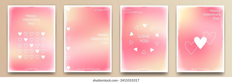 Set of Valentine's Day postcard templates in modern style. Holiday posters with pink gradient in minimalism style for flyer, cover, invitation, social media post, banner.
