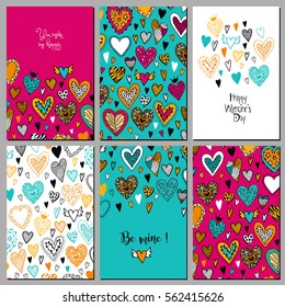 Set of Valentines Day postcards. Hand drawn illustration. Romantic greeting cards.
