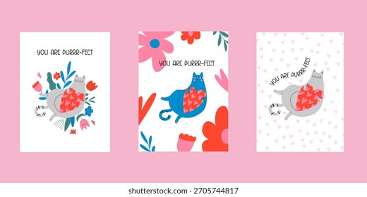 A set of Valentine's Day postcards. Modern doodle-style design Templates for celebrations, advertising, branding, banners, covers, labels, posters, sales