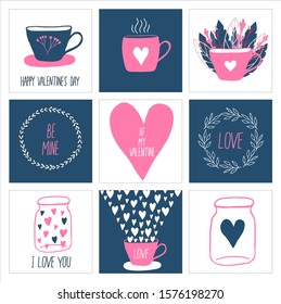 Set of Valentine's Day postcards in simple flat style. Vector doodle illustration for design and decor.