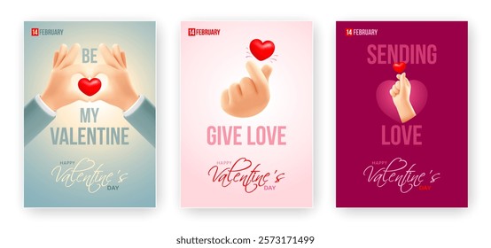 Set of Valentine's Day poster, banner or greeting card templates. Romantic cute conceptual design, lettering. 3d realistic hands shows fingers heart sign. Vector illustration