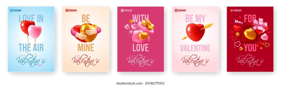 Set of Valentine's Day poster, cover, banner or greeting card templates. Romantic cute design, 3d realistic conceptual objects, hearts, gifts, balloons and typography lettering. Vector illustration