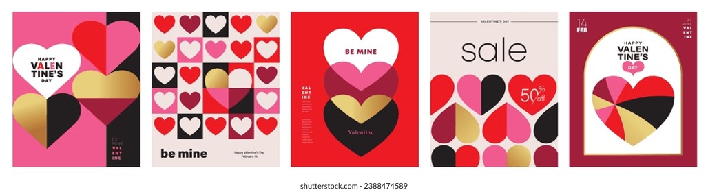 Set of Valentine's Day poster, greeting card, cover, label, sale promotion templates, pattern background in modern trendy geometric style.