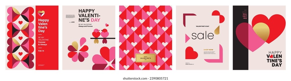 Set of Valentine's Day poster, greeting card, cover, label, sale promotion templates, pattern background in modern trendy geometric style.