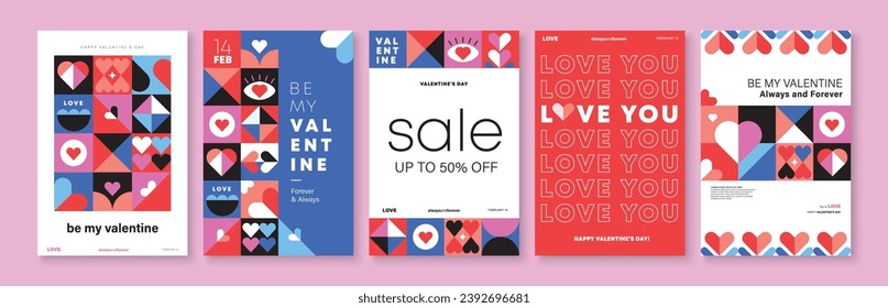 Set of Valentine's Day poster, greeting card, cover, label, sale promotion templates, pattern background in modern trendy geometric style.