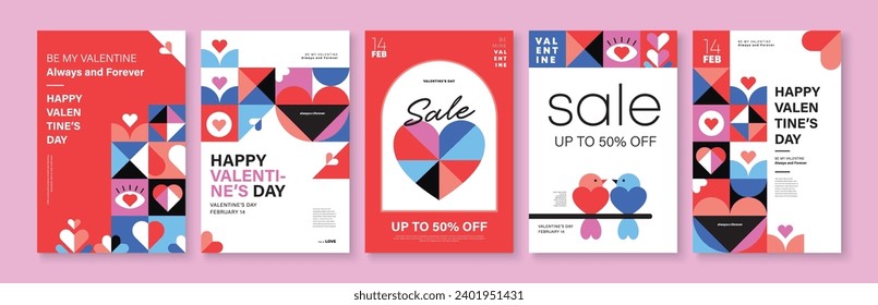 Set of Valentine's Day poster, greeting card, cover, label, sale promotion templates, pattern background in modern trendy geometric style.