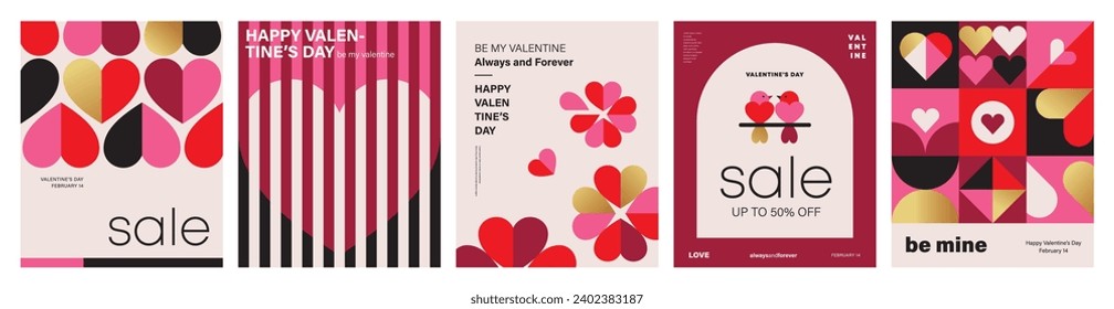 Set of Valentine's Day poster, greeting card, cover, label, sale promotion templates, pattern background in modern trendy geometric style.