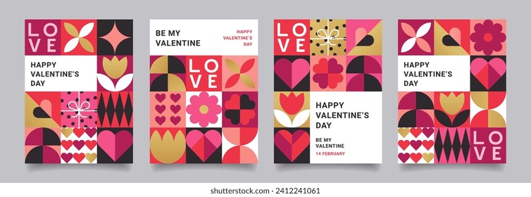 Set of  Valentine's Day poster, greeting card, banner, cover, label, promotion templates, pattern background in modern trendy geometric style. Creative concept for celebration.