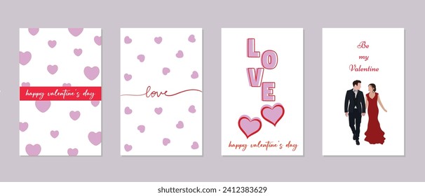 Set of Valentine's Day poster, greeting card, cover, pattern background, red and pink hearts for celebration