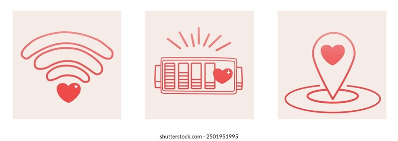 Conjunto de cartel del día de San Valentín, tarjeta de felicitación, cubierta, etiqueta, Plantillas, patrón de fondo en estilo moderno de moda. Vector Ilustración de stock. 