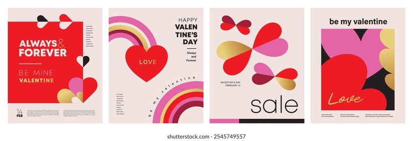 Set of Valentine's Day poster, greeting card, cover, label, sale promotion templates, pattern background in modern trendy geometric style.