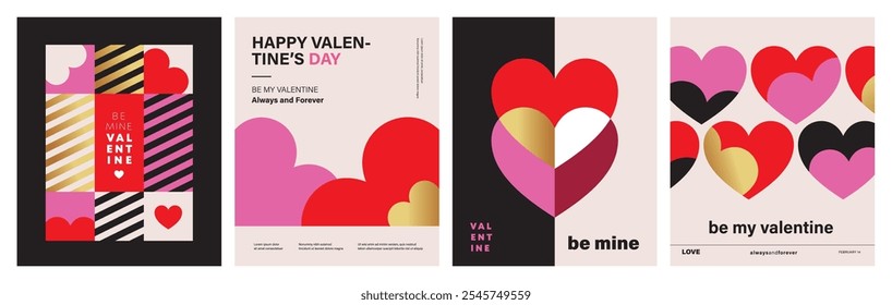 Set of Valentine's Day poster, greeting card, cover, label, sale promotion templates, pattern background in modern trendy geometric style.