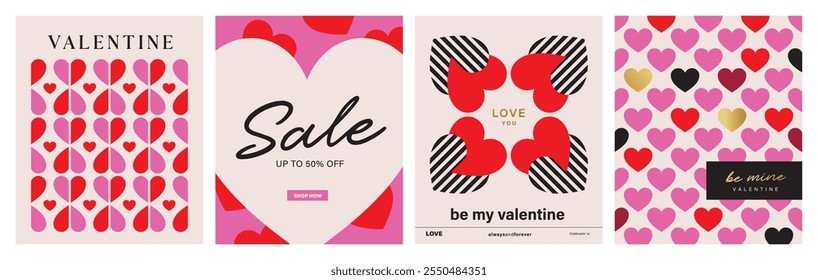 Set of Valentine's Day poster, greeting card, cover, label, sale promotion templates, pattern background in modern trendy geometric style.