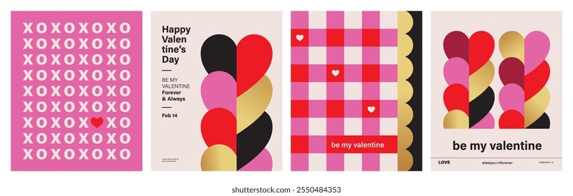 Set of Valentine's Day poster, greeting card, cover, label, sale promotion templates, pattern background in modern trendy geometric style.