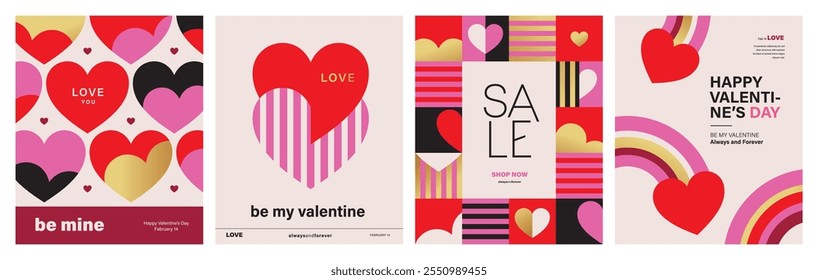 Set of Valentine's Day poster, greeting card, cover, label, sale promotion templates, pattern background in modern trendy geometric style.