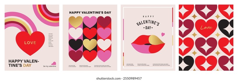 Set of Valentine's Day poster, greeting card, cover, label, sale promotion templates, pattern background in modern trendy geometric style.