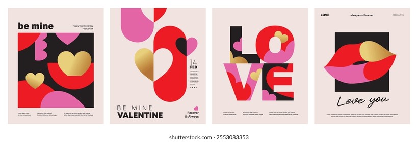 Set of Valentine's Day poster, greeting card, cover, label, sale promotion templates, pattern background in modern trendy geometric style.