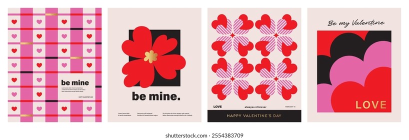 Set of Valentine's Day poster, greeting card, cover, label, sale promotion templates, pattern background in modern trendy geometric style.