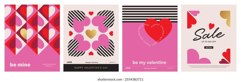 Set of Valentine's Day poster, greeting card, cover, label, sale promotion templates, pattern background in modern trendy geometric style.