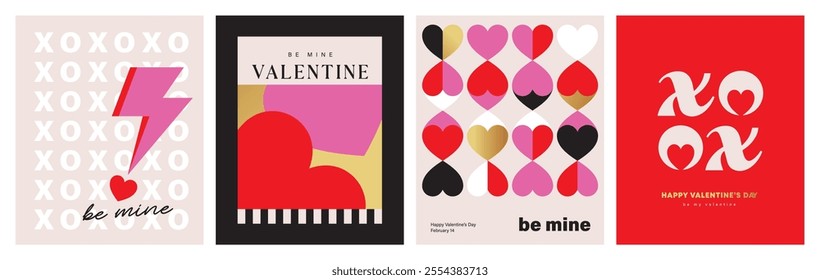 Set of Valentine's Day poster, greeting card, cover, label, sale promotion templates, pattern background in modern trendy geometric style.