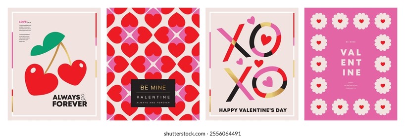 Set of Valentine's Day poster, greeting card, cover, label, sale promotion templates, pattern background in modern trendy geometric style.