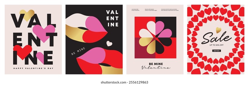 Set of Valentine's Day poster, greeting card, cover, label, sale promotion templates, pattern background in modern trendy geometric style.