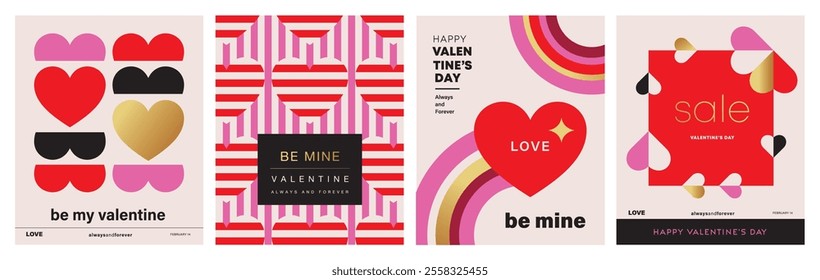 Set of Valentine's Day poster, greeting card, cover, label, sale promotion templates, pattern background in modern trendy geometric style.