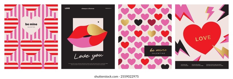 Set of Valentine's Day poster, greeting card, cover, label, sale promotion templates, pattern background in modern trendy geometric style.