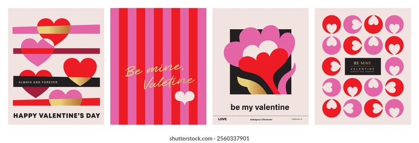 Set of Valentine's Day poster, greeting card, cover, label, sale promotion templates, pattern background in modern trendy geometric style.