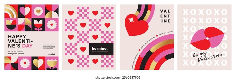 Set of Valentine's Day poster, greeting card, cover, label, sale promotion templates, pattern background in modern trendy geometric style.