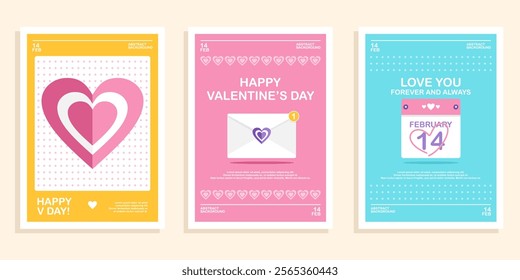 Set of Valentine's Day poster, greeting card, cover, label, sale promotion templates, pattern background in colorfull pastel trendy style.