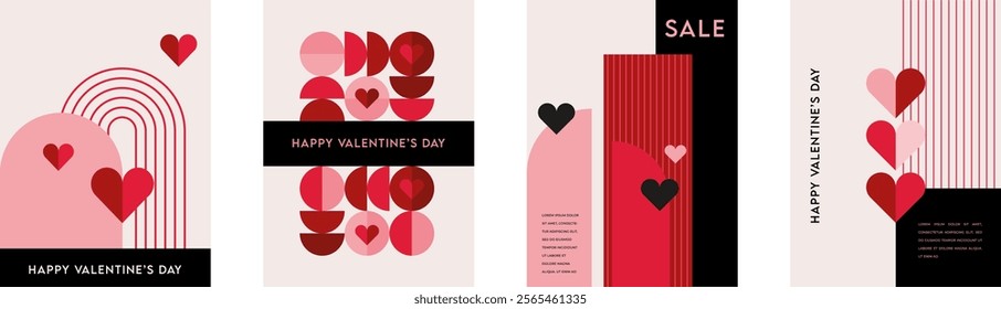 Set of Valentine's Day poster, greeting card, cover, label, sale promotion templates, wedding invitations, pattern background in modern trendy geometric style.
